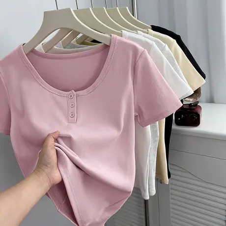KMV真维斯粉色短袖t恤女2025新款春夏修身体恤气质小众不撞款上衣商品大图