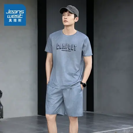 E8真维斯男装 2025夏季新款 男款印花休闲户外运动短袖针织套装图片