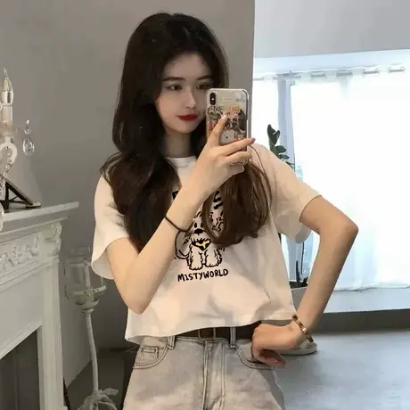 2025新款韩系夏季可爱小狗卡通印花短袖t恤女气质显瘦短款上衣潮图片