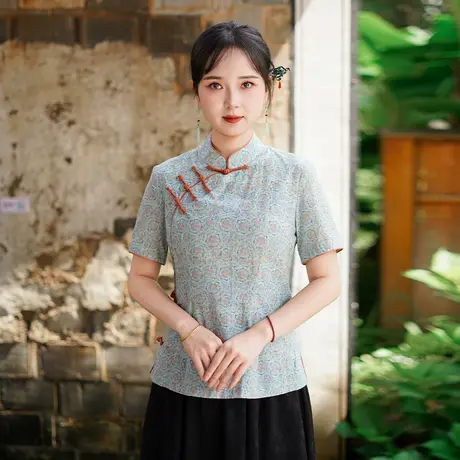 筠雅夏季新款中式改良唐装上衣女国风复古女士斜襟盘扣短袖25J259商品大图