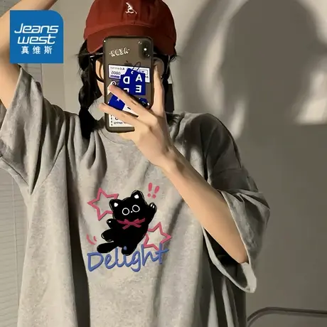 KMV真维斯短袖t恤女2025新款夏季美式复古宽松圆领显瘦小个子上衣图片