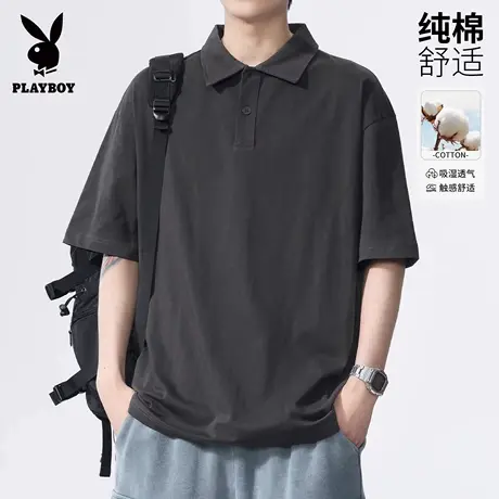 花花公子短袖POLO衫男士夏季宽松翻领重磅纯棉美式潮牌半袖上衣服商品大图