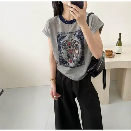 夏季薄款卡通t恤女2025新款爆款冰丝针织短袖小个子短款设计感女商品大图