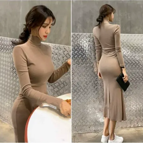 韩国东大门秋冬新款气质淑女高领长袖连衣裙女修身显瘦打底长裙子商品大图