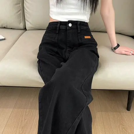 黑色阔腿牛仔裤女2025秋季新款美式显瘦高腰宽松窄版直筒拖地裤子商品大图