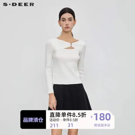 sdeer圣迪奥女装优雅V领拼接碎褶修身针织衫S23463515🏨商品大图