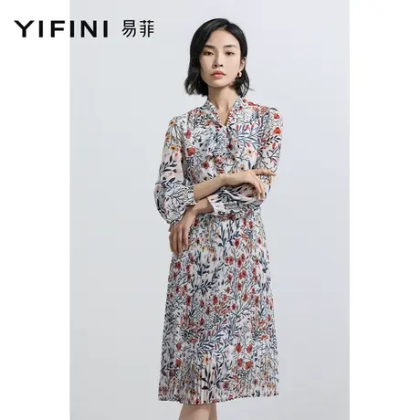 Yifini/易菲长袖碎花飘带V领连衣裙细褶飘逸连身裙2023春秋新款图片