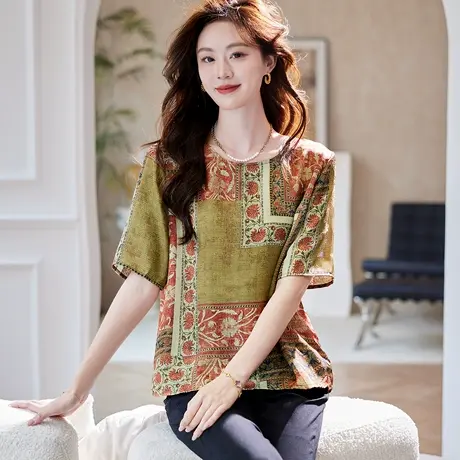 宝诗黎圆领印花短袖雪纺衫女2025夏季时尚气质减龄波嬉风休闲小衫商品大图