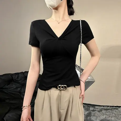 黑色不规则V领扭结短袖T恤女2025夏季新款显瘦正肩气质减龄上衣女图片