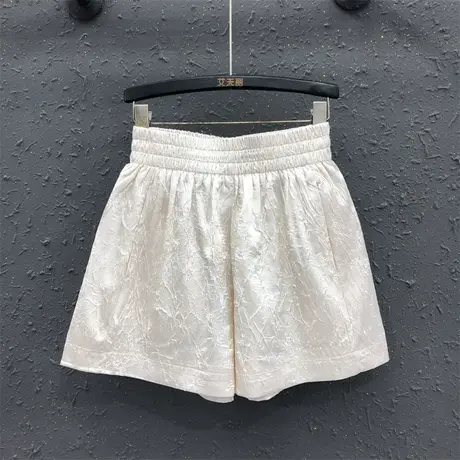 时尚杏色丝绸料短裤女2025夏季新款百搭松紧腰高腰宽松阔腿裤欧货商品大图