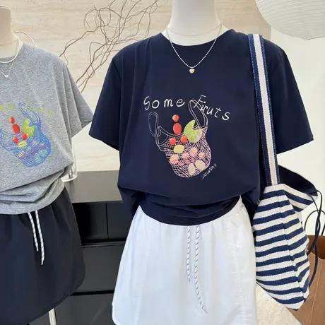 韩系简约水果印花雪花棉短袖t恤女夏季新款休闲减龄宽松圆领上衣商品大图