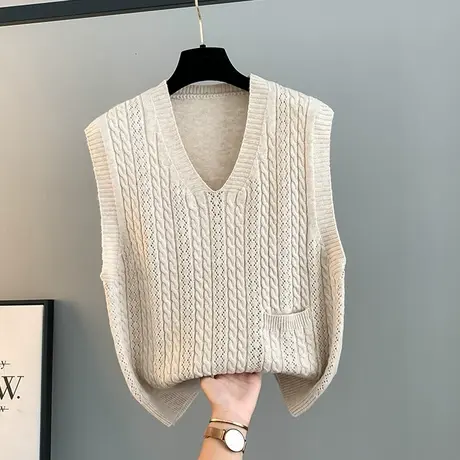 复古麻花坑条V领口袋马甲背心针织女款2025新款秋冬叠穿毛衣坎肩商品大图