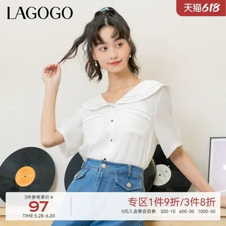 LAGOGO白色甜美娃娃领短袖衬衫女拉谷谷舒适休闲学院风上衣小众商品大图