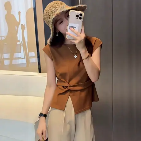 设计感小众收腰显瘦短袖T恤女2025欧货夏季新款时尚开叉扭结上衣商品大图