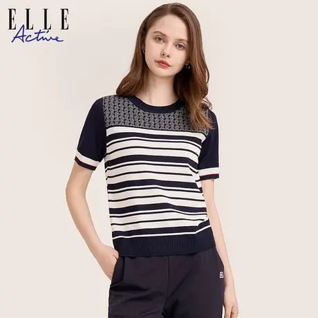 【团】ELLE Active条纹针织衫短袖春夏季新款显瘦圆领t恤上衣女图片