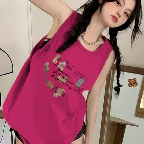 纯棉辣妹吊带坎肩背心无袖t恤女2025夏外穿高级感宽松慵懒风上衣商品大图