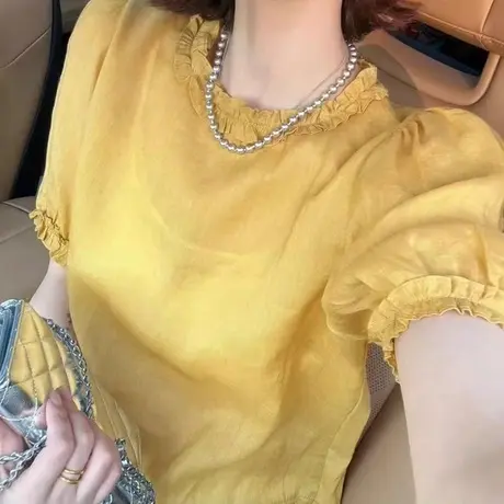 法式木耳边黄色短袖衬衫女2025新款夏季韩系褶皱宽松气质小众上衣图片