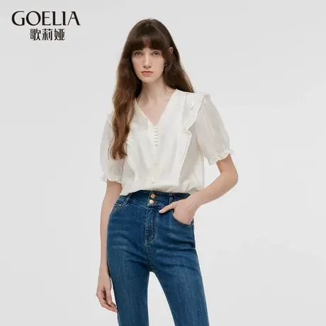 歌莉娅V领衬衫女装上衣夏季2024新款气质通勤荷叶边衬衣1C7R3I520商品大图
