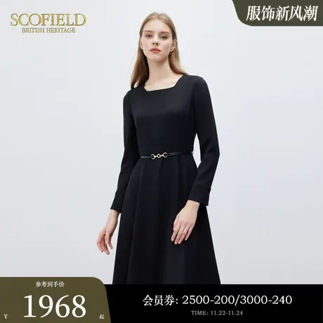 Scofield女装浪漫知性方领连衣裙时尚收腰长袖小黑裙2024春季新款商品大图