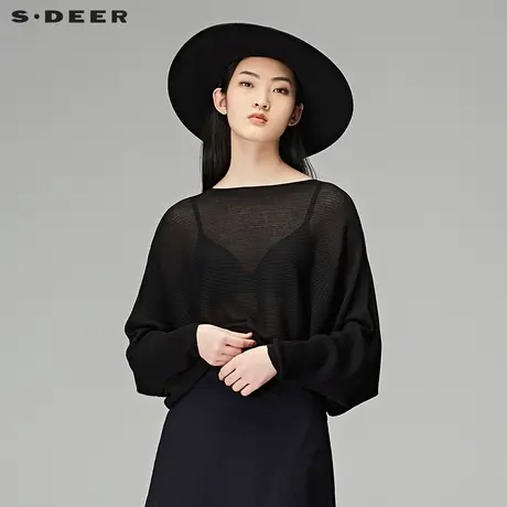 sdeer圣迪奥2019春装简约休闲条纹蝙蝠袖微透套头针织衫S18183503图片