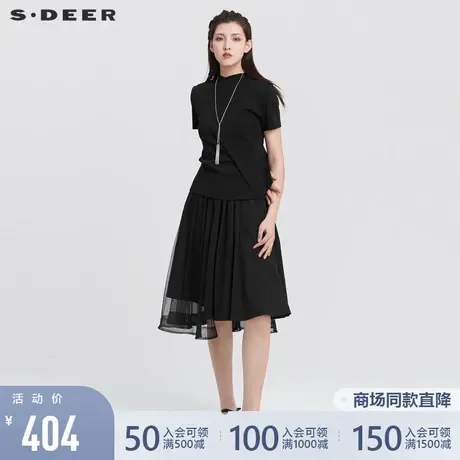 sdeer圣迪奥22新款V领网纱不规则拼接黑色短袖T恤女上衣S22280157图片