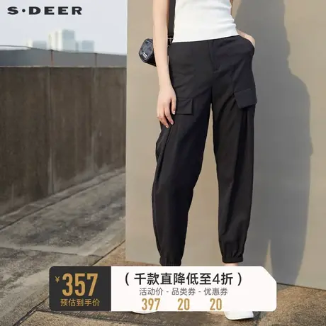 sdeer圣迪奥夏装松紧拼接休闲裤插袋运动黑色长裤女S222Z0801图片