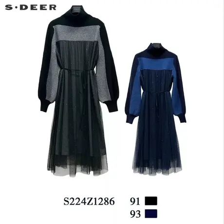 【直播间专属】sdeer圣迪奥罗纹高领收腰网纱针织连衣裙S224Z1286图片