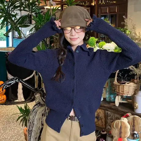 尔给秋冬荷叶边毛衣女长袖复古百搭小众慵懒风设计感翻领针织上衣商品大图