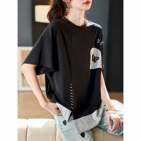 宝诗黎假两件宽松短袖T恤女2025夏季新款设计感拼接棉质休闲上衣商品大图