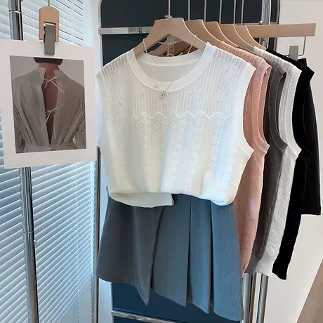 钉珠冰丝针织衫女2025春夏新款套头外穿蕾丝镂空上衣薄无袖t恤衫商品大图