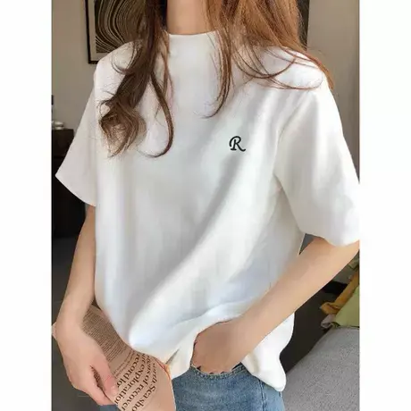 短袖白色宽松欧货2025半高领印花T恤女上衣遮肚子内搭大码半高领商品大图