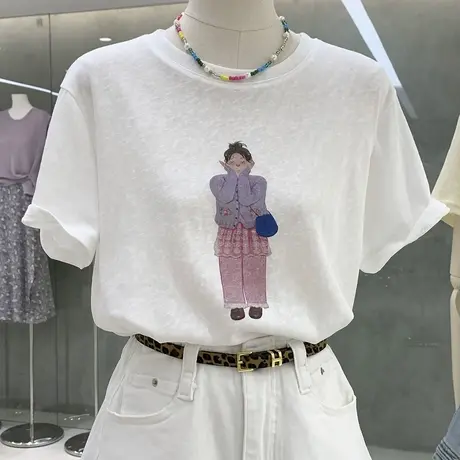 可爱乖巧小女孩印花雪花棉短袖T恤2025夏季新款舒适透气百搭上衣图片