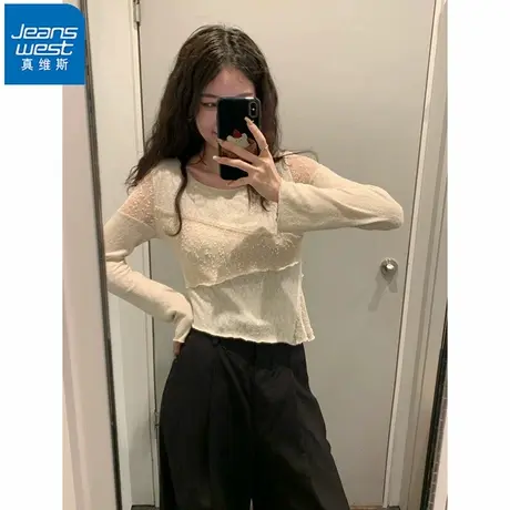 NR真维斯女装蕾丝拼接长袖t恤春季薄款高级感短款修身不规则上衣商品大图