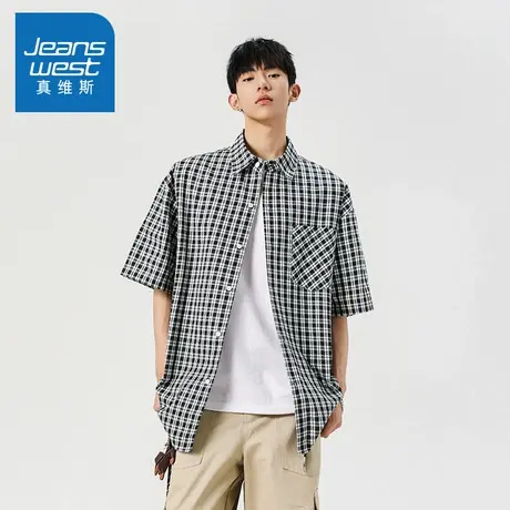 N5真维斯男士短袖衬衫2025夏季美式复古格子男生休闲宽松百搭衬衣商品大图