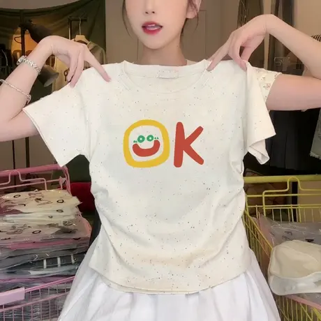 潮流短款收腰小个子t恤女2025新款褶皱修身彩虹波点短袖减龄上衣商品大图