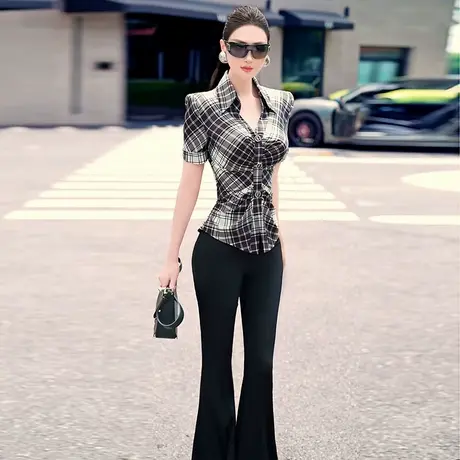 VJE夏季时尚格纹短袖修身收腰衬衫2025新款时尚定位印花上衣图片