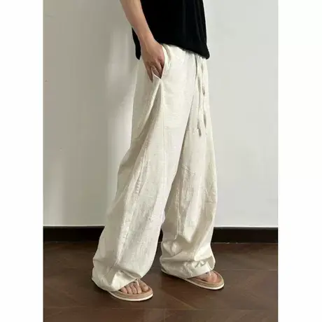 松弛垂感亚麻混纺休闲长裤宽松慵懒感透气长裤宽松阔腿裤子男夏季图片