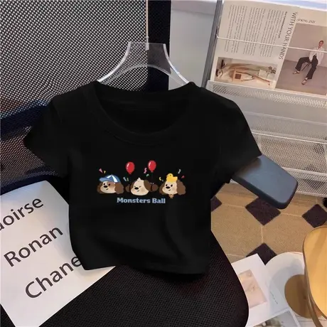 黑色卡通潮流短袖t恤女2025新款设计感小众短款上衣夏季穿搭可爱商品大图