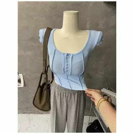 纯欲小心机～摁扣u领短袖T恤女紧身圆弧上衣打底衫春夏季新款图片
