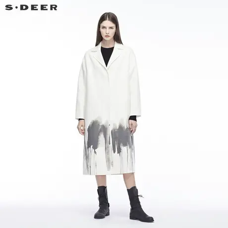 sdeer 🦋圣迪奥优雅时尚撞色墨染效果图案装饰平驳领大衣S18481810商品大图