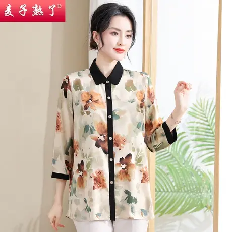 2024春夏季新款中年女妈妈装七分袖衬衫上衣阔太太大码印花上衣服图片