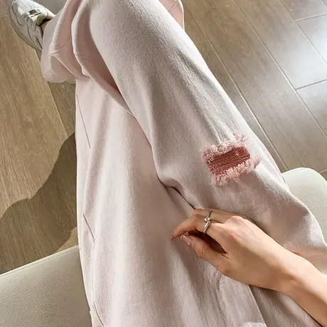 粉色阔腿裤女春新款2025新款高腰宽松显瘦设计感破洞直筒牛仔裤潮商品大图