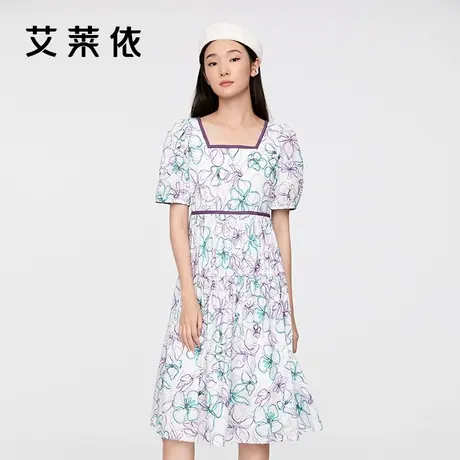 艾莱依商场同款连衣裙女印花方领收腰中长款时尚设计感小众裙子夏图片