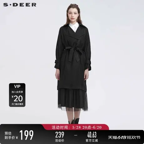 S·DEER圣迪奥女装休闲翻领双排扣收腰中长款风衣S22181701图片