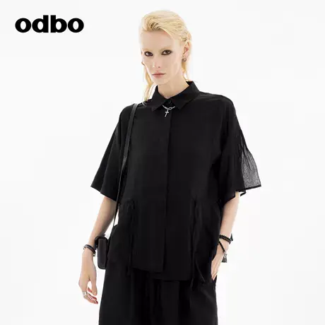 odbo/欧迪比欧时尚复古蝙蝠袖半袖上衣女2024秋季新款高级感衬衫图片