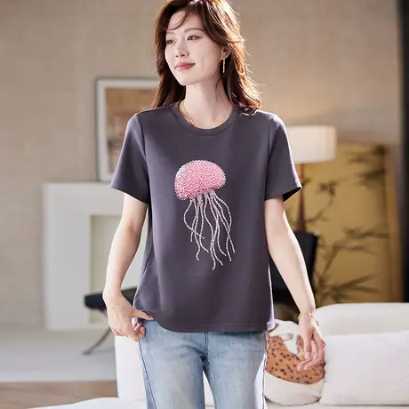 宝诗黎圆领正肩钉钻印花短袖T恤2025夏季简约休闲时尚百搭上衣女图片