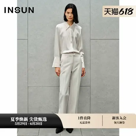 INSUN恩裳秋季中空纱白色简约气质微喇裤商品大图