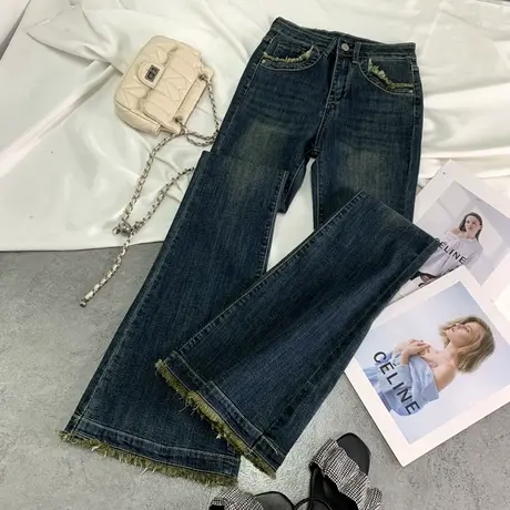 韩版复古毛边牛仔喇叭裤女2024新款显瘦百搭高腰修身弹力马蹄长裤图片