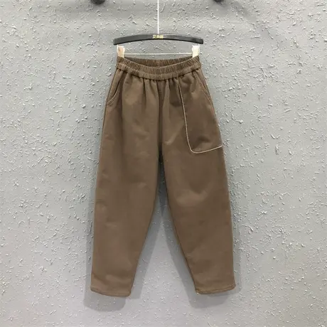 休闲港味加绒加厚春季2025新款松紧腰宽松显瘦高腰老爹牛仔哈伦裤商品大图