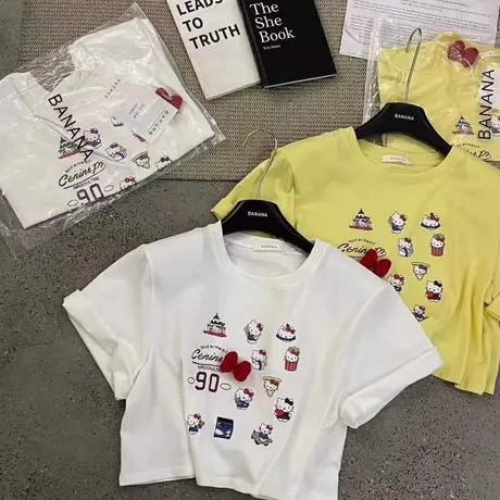 韩国东大门2025夏季新款减龄卡通kt猫印花垫肩短袖T恤短款上衣女商品大图